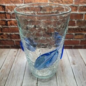 Blenko 366 Handblown Crackle Glass Vase with Blue Leaf Accents